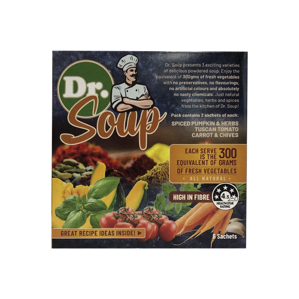 Cell-Logic Dr Soup Mixed Sachets (3 Flavours) 30g x 6 Pack (contains: 2 each of Spiced Pumpkin & Herbs, Tuscan Tomato and Carrot & Chives)
