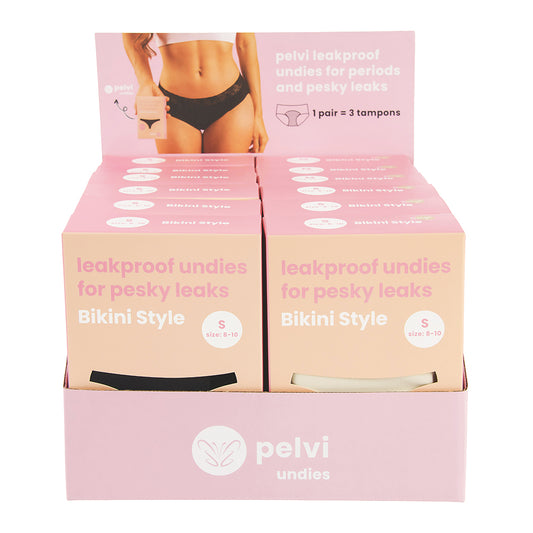 Pelvi Underwear Leakproof Bikini Black Beige Mixed Sizes x 12 Display (contains: 1 of each size in Black & Beige)
