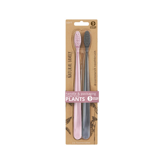The Natural Family Co. Bio Toothbrush Pastel Mixed Colours x 2 Pack (contains: Up To 5 Different Pastel Coloured Twin Packs - Supplied at Random)